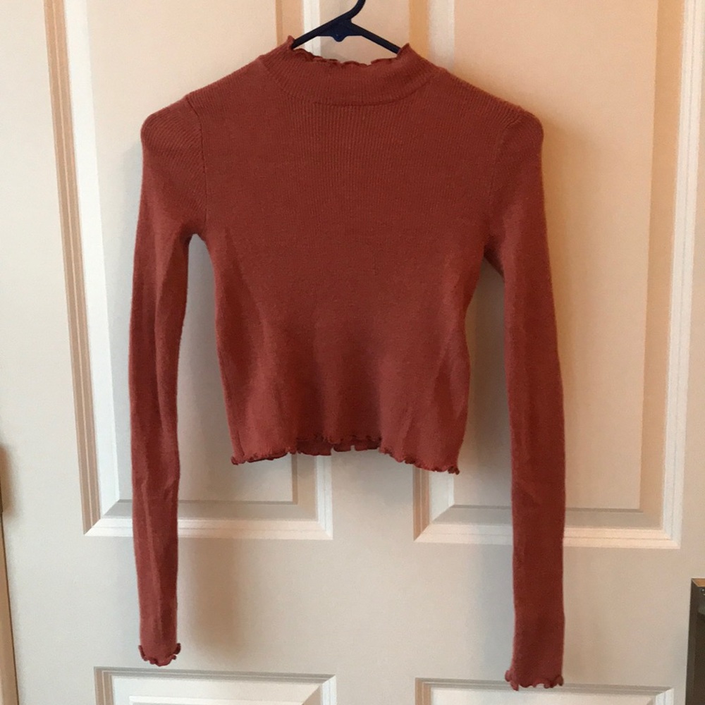 Rusty Orange Mock Neck Long Sleeve, Ruffle Edging